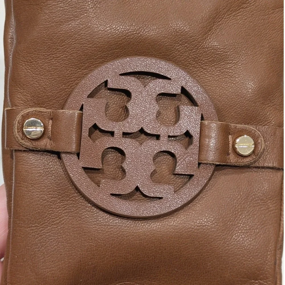 Tory Burch Miller Leather Gloves Women 7.5 T-Logo Brown Cashmere Lined 46591 NEW